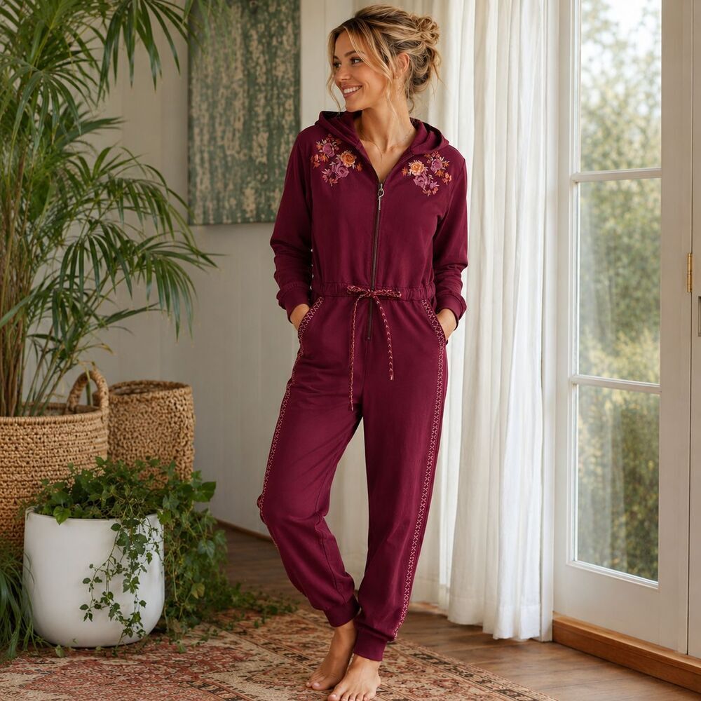 Sundance All Roads Jumpsuit Burgundy Embroidered Hooded Cotton Jogger PS NWT